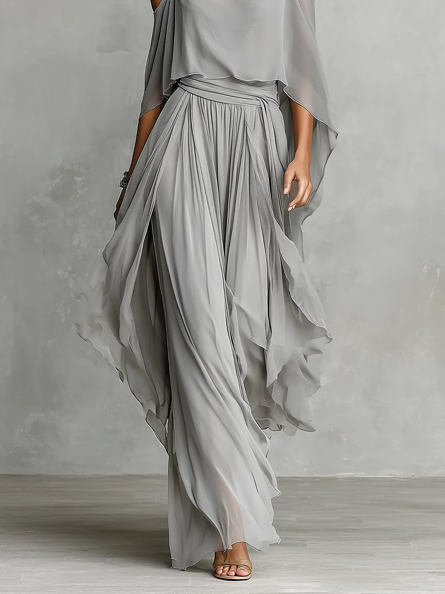 Isabella | Grey Flowing Top & Chiffon Trousers Set