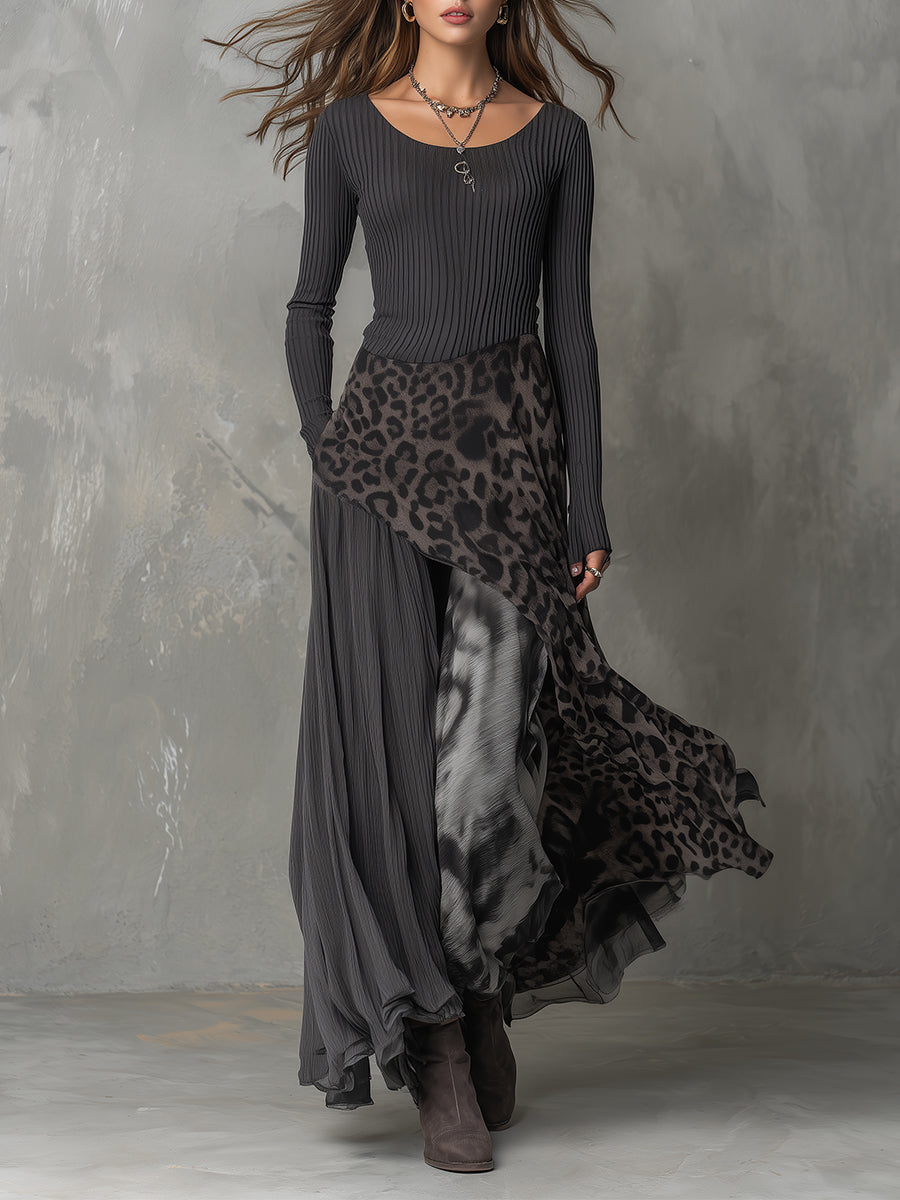 Long Bohemian Leopard Print Wrap Dress