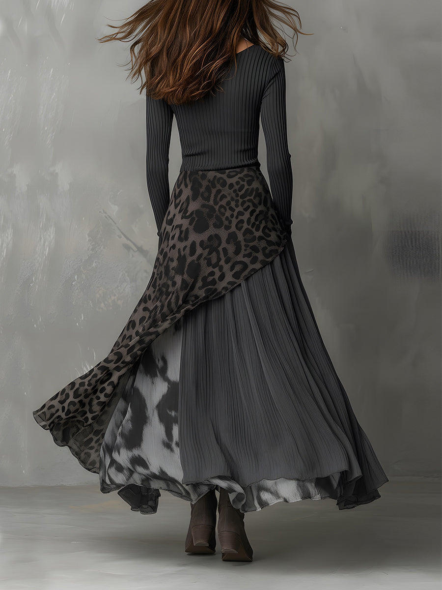 Long Bohemian Leopard Print Wrap Dress