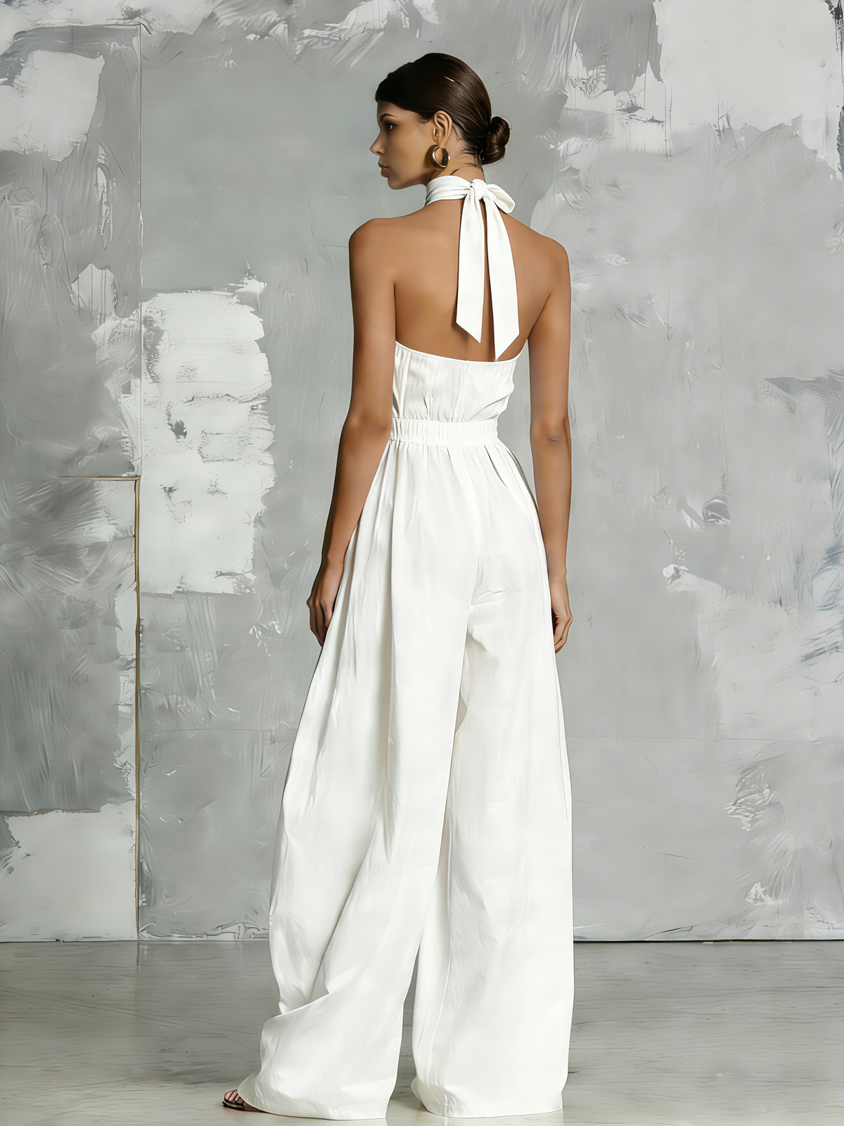 Elegant White Woven Sleeveless Halter-Neck Jumpsuit