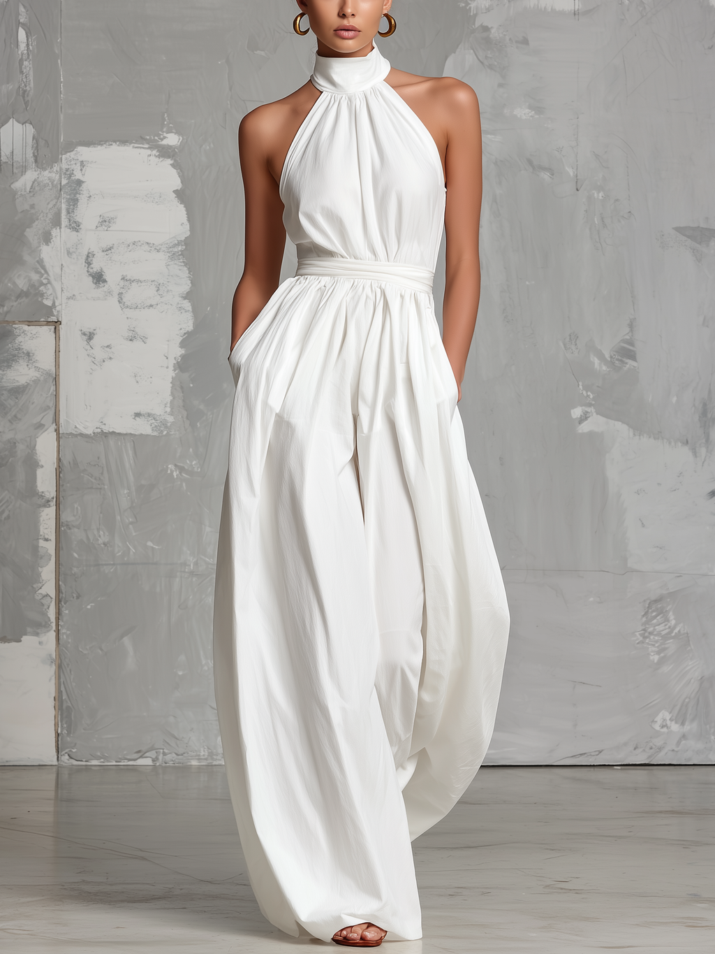 Elegant White Woven Sleeveless Halter-Neck Jumpsuit
