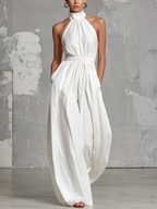 Elegant White Woven Sleeveless Halter-Neck Jumpsuit