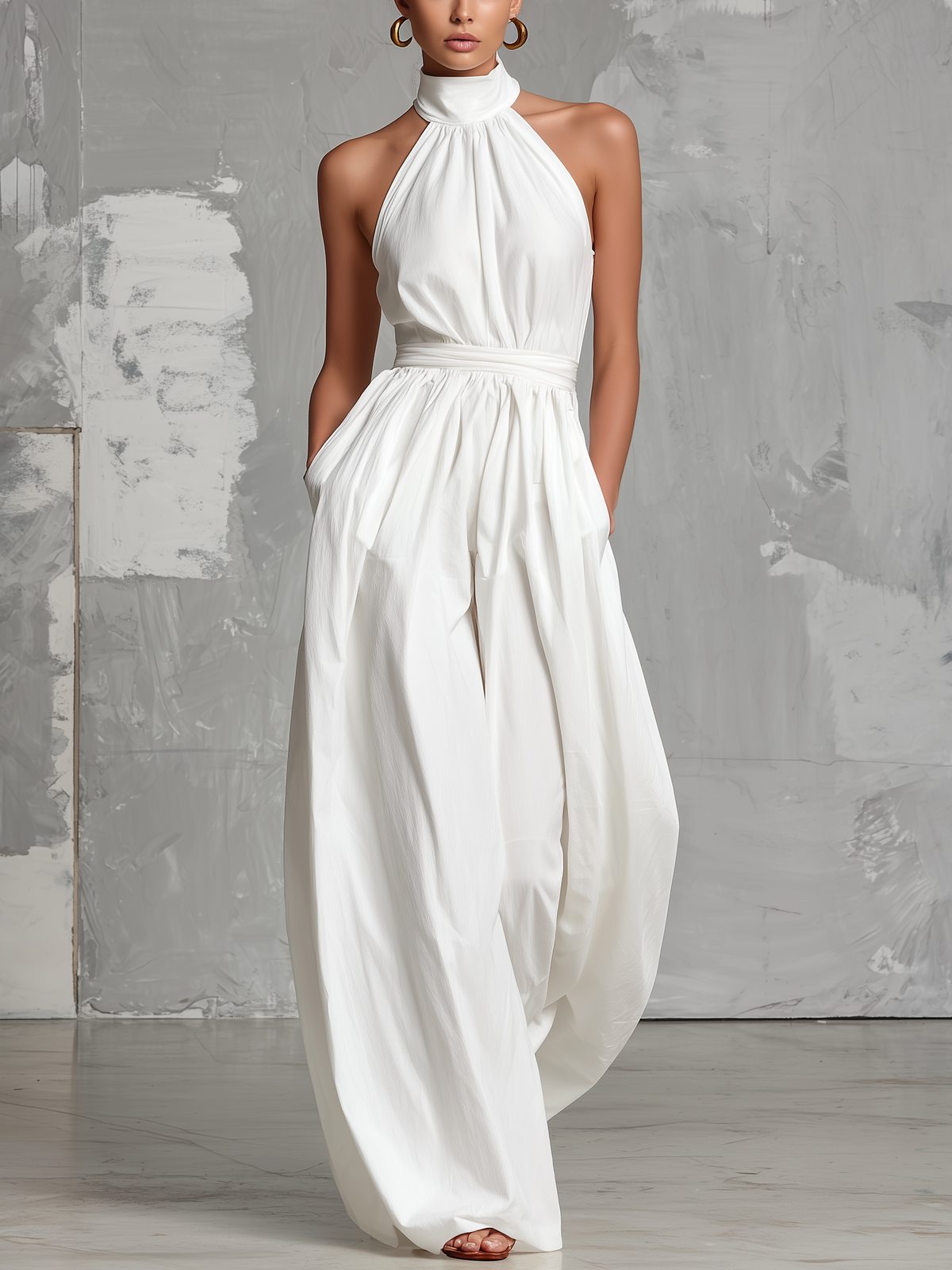Elegant White Woven Sleeveless Halter-Neck Jumpsuit