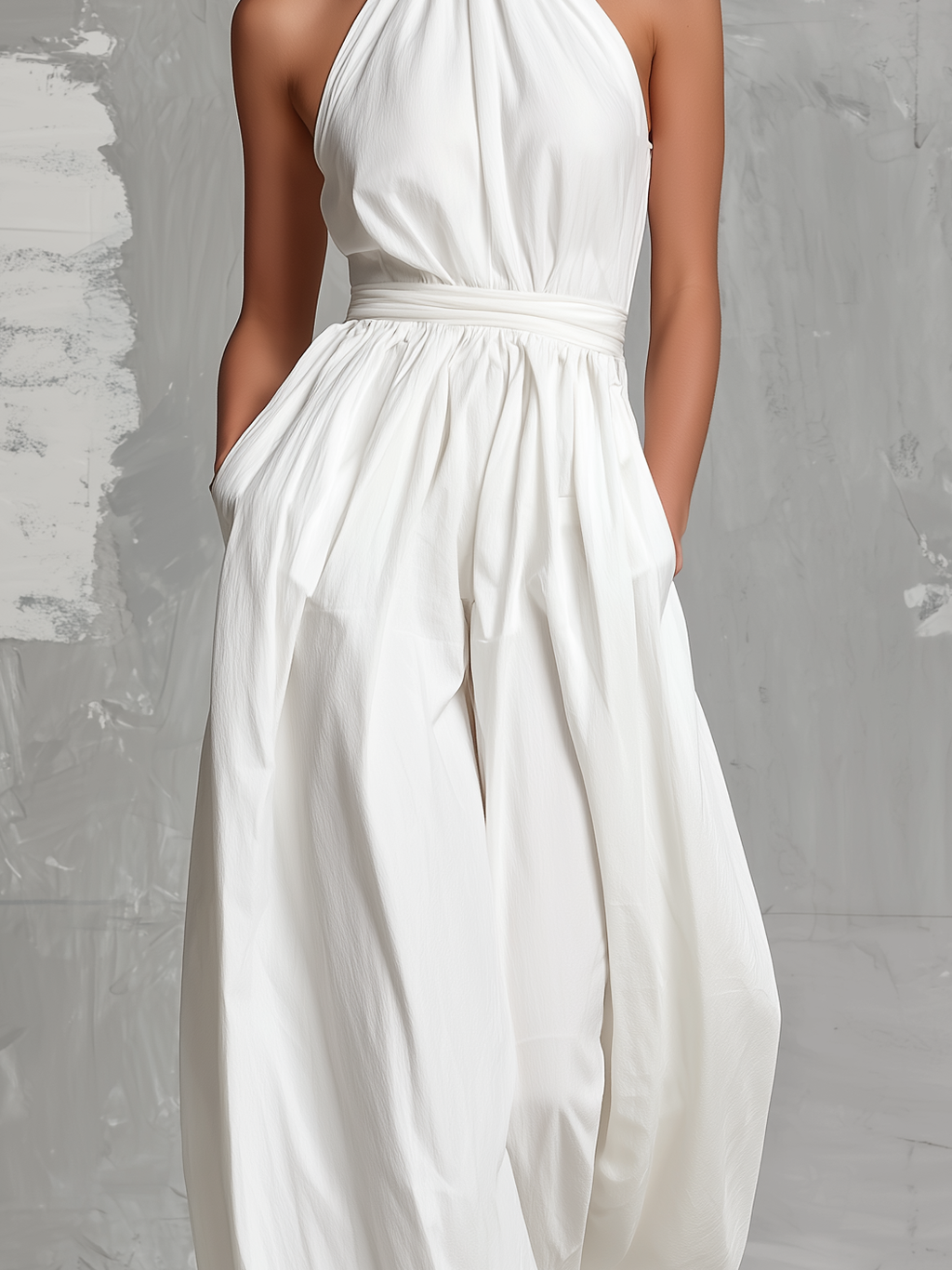 Elegant White Woven Sleeveless Halter-Neck Jumpsuit