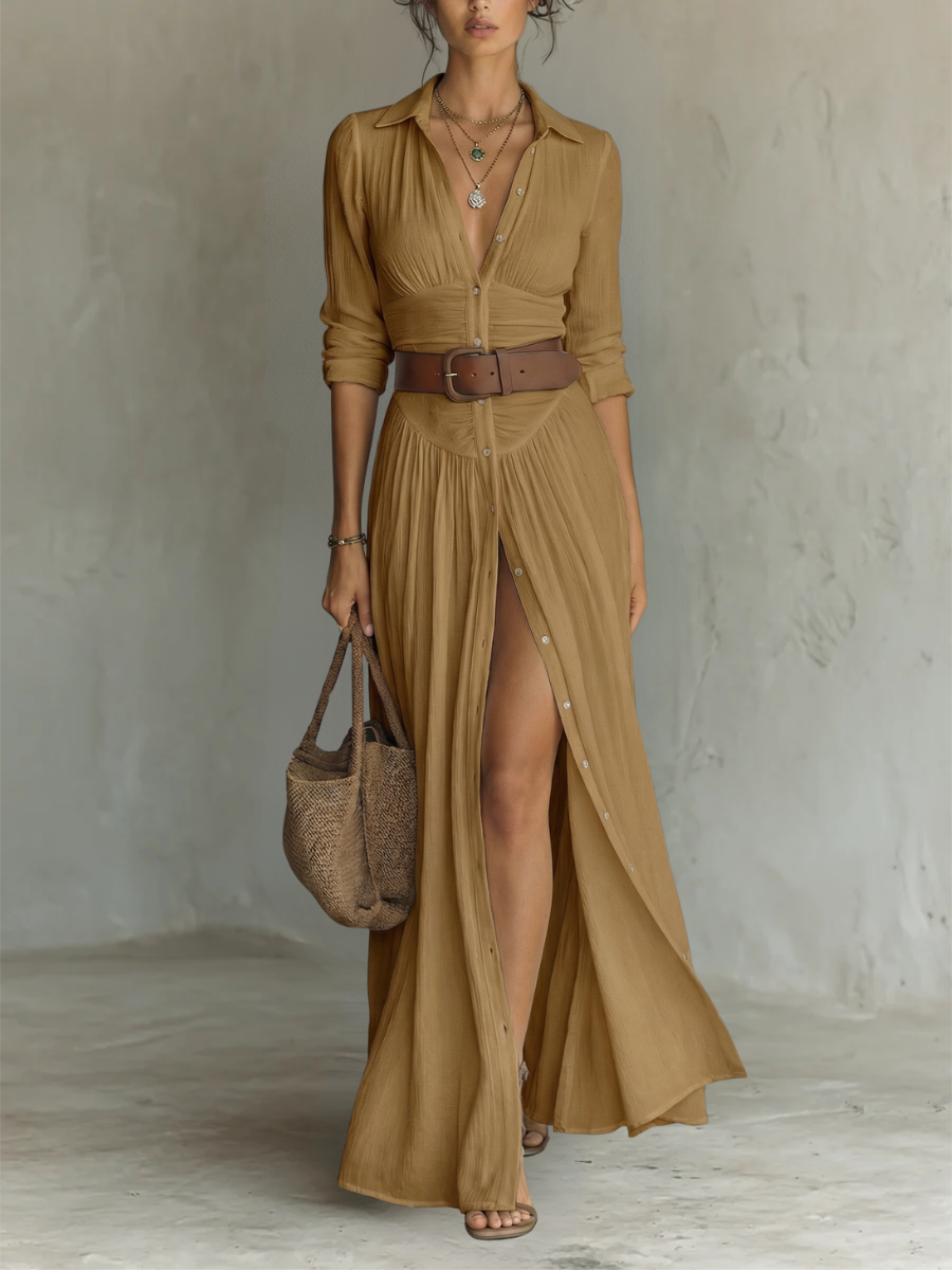 Long Maxi Dress with Notched Collar and Long Sleeves