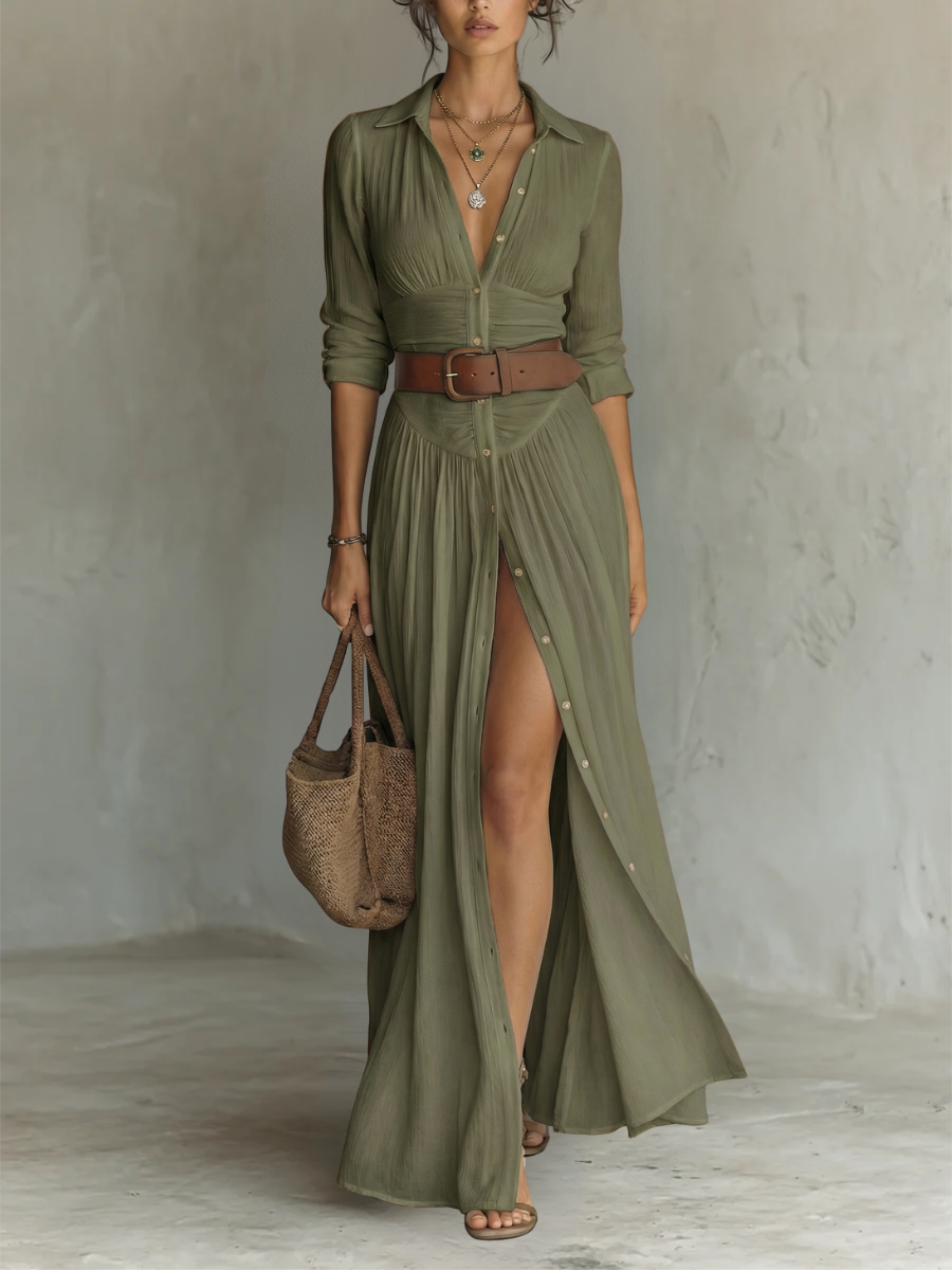 Long Maxi Dress with Notched Collar and Long Sleeves