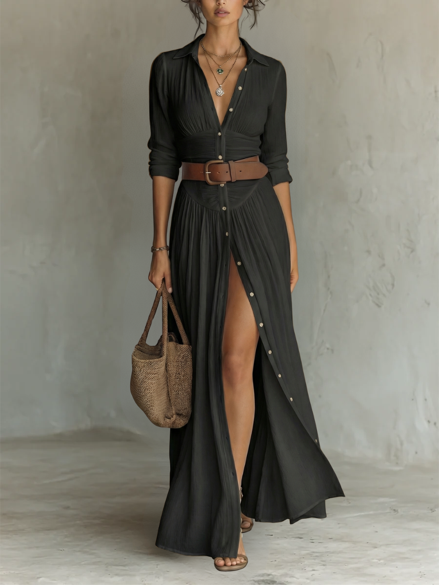 Long Maxi Dress with Notched Collar and Long Sleeves