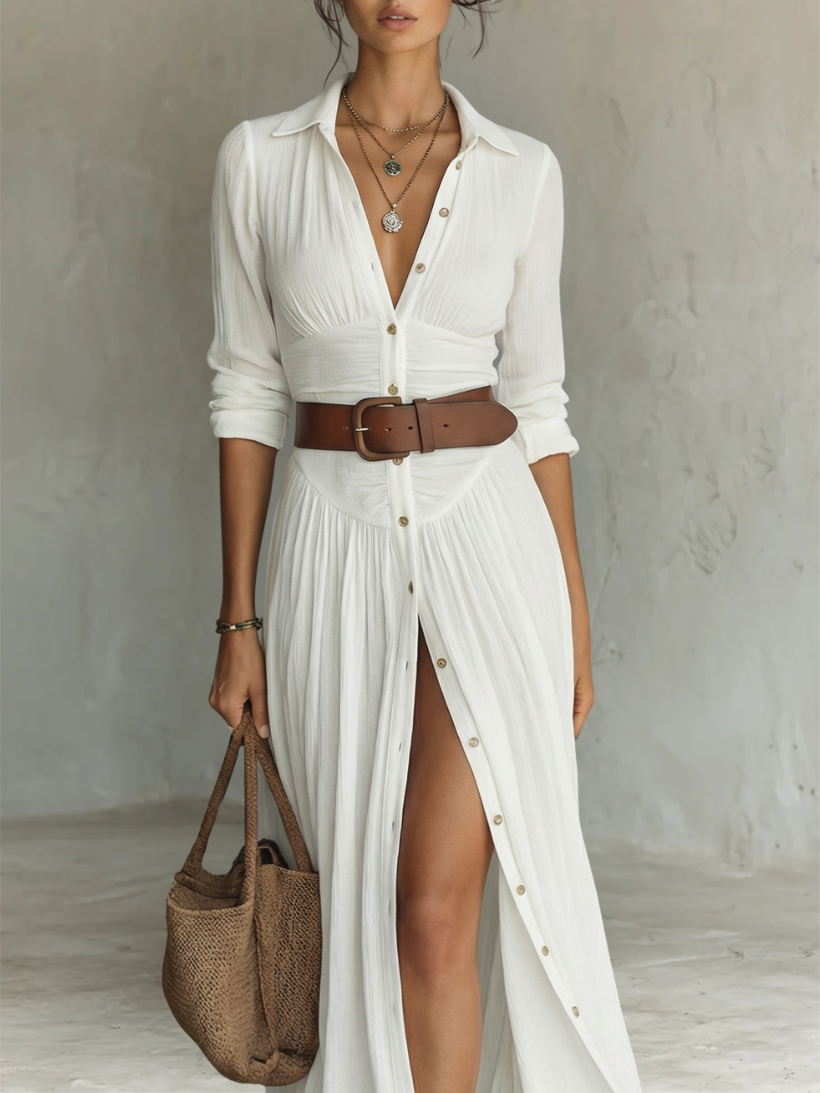 Long Maxi Dress with Notched Collar and Long Sleeves