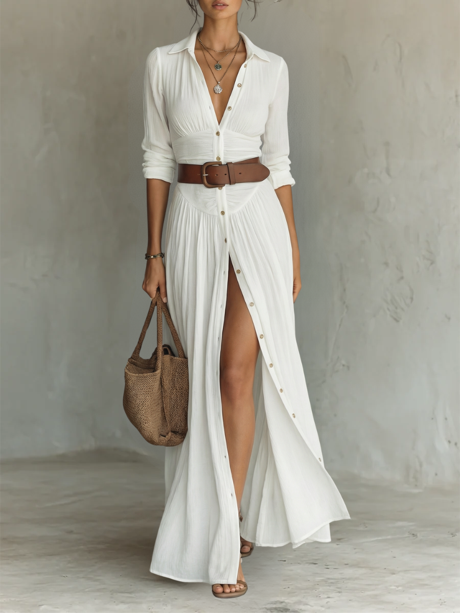 Long Maxi Dress with Notched Collar and Long Sleeves