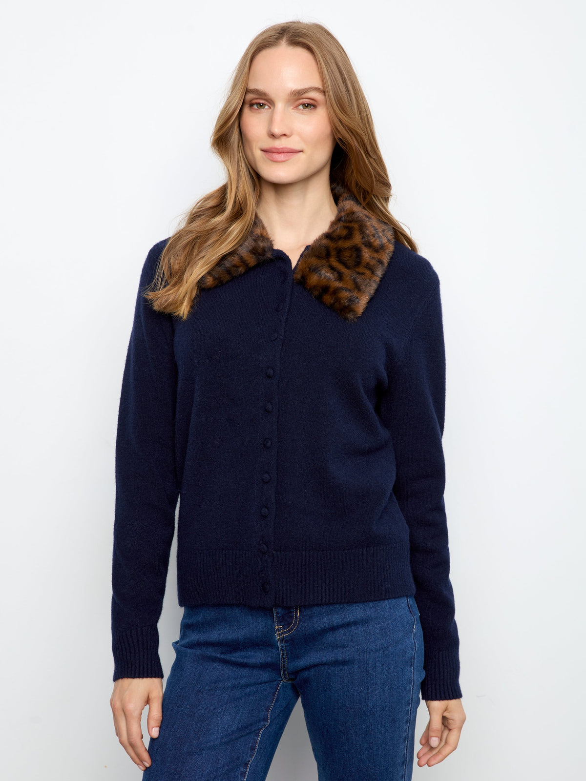 Navy Plushy Cardigan With Removable Faux Fur Collar