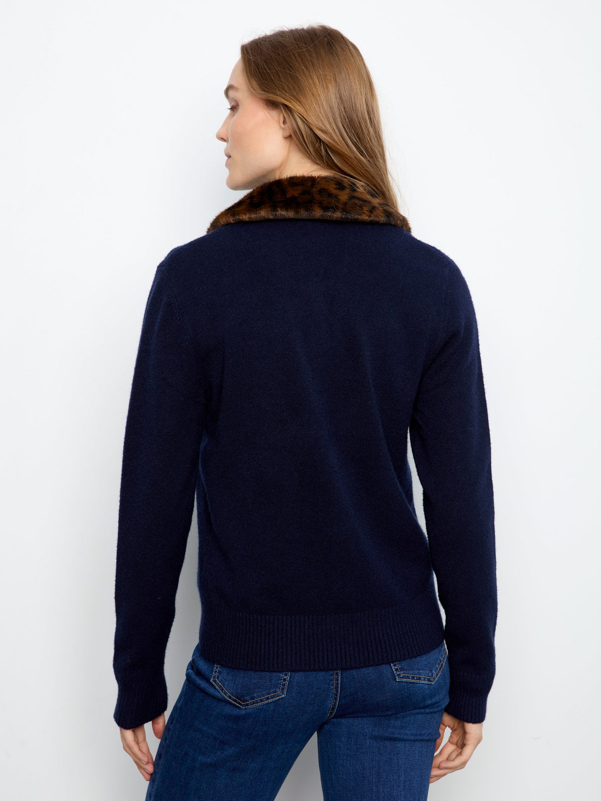Navy Plushy Cardigan With Removable Faux Fur Collar