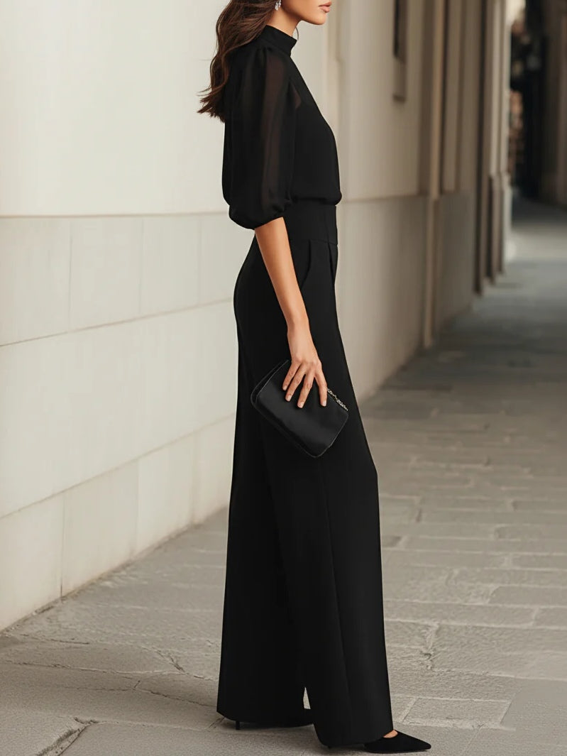 Valentina – Black Three-Piece Set with Sheer Camisole Top and Wide-Leg Trousers