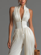 Zsofia Jumpsuit – White Pleated Chiffon