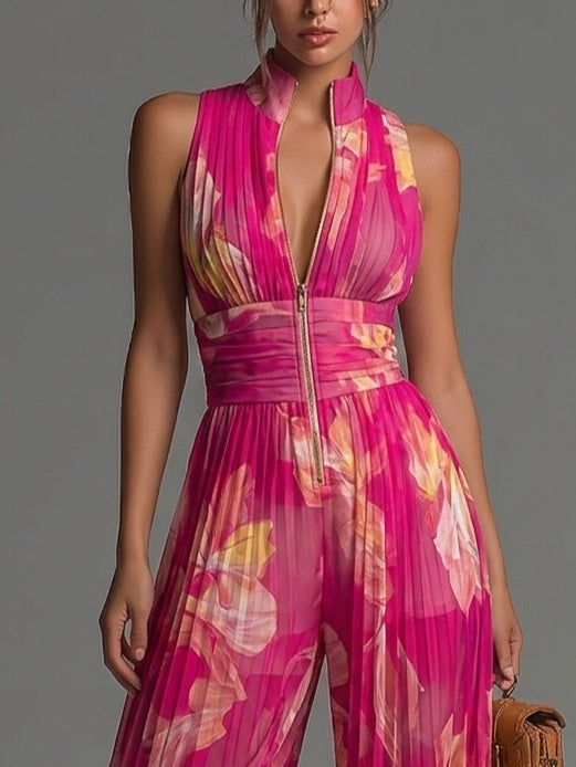 Zsofia Jumpsuit – Fuchsia Floral Pleated Chiffon
