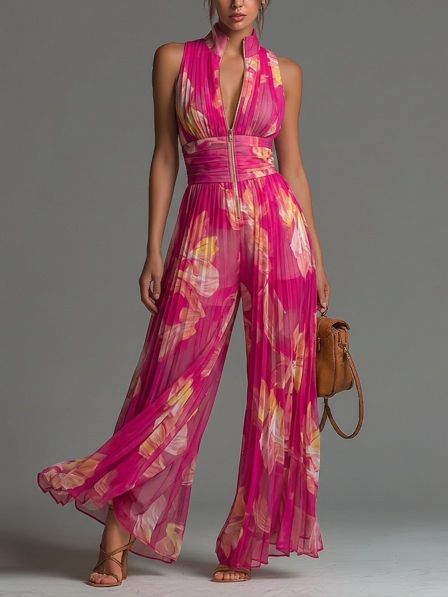 Zsofia Jumpsuit – Fuchsia Floral Pleated Chiffon
