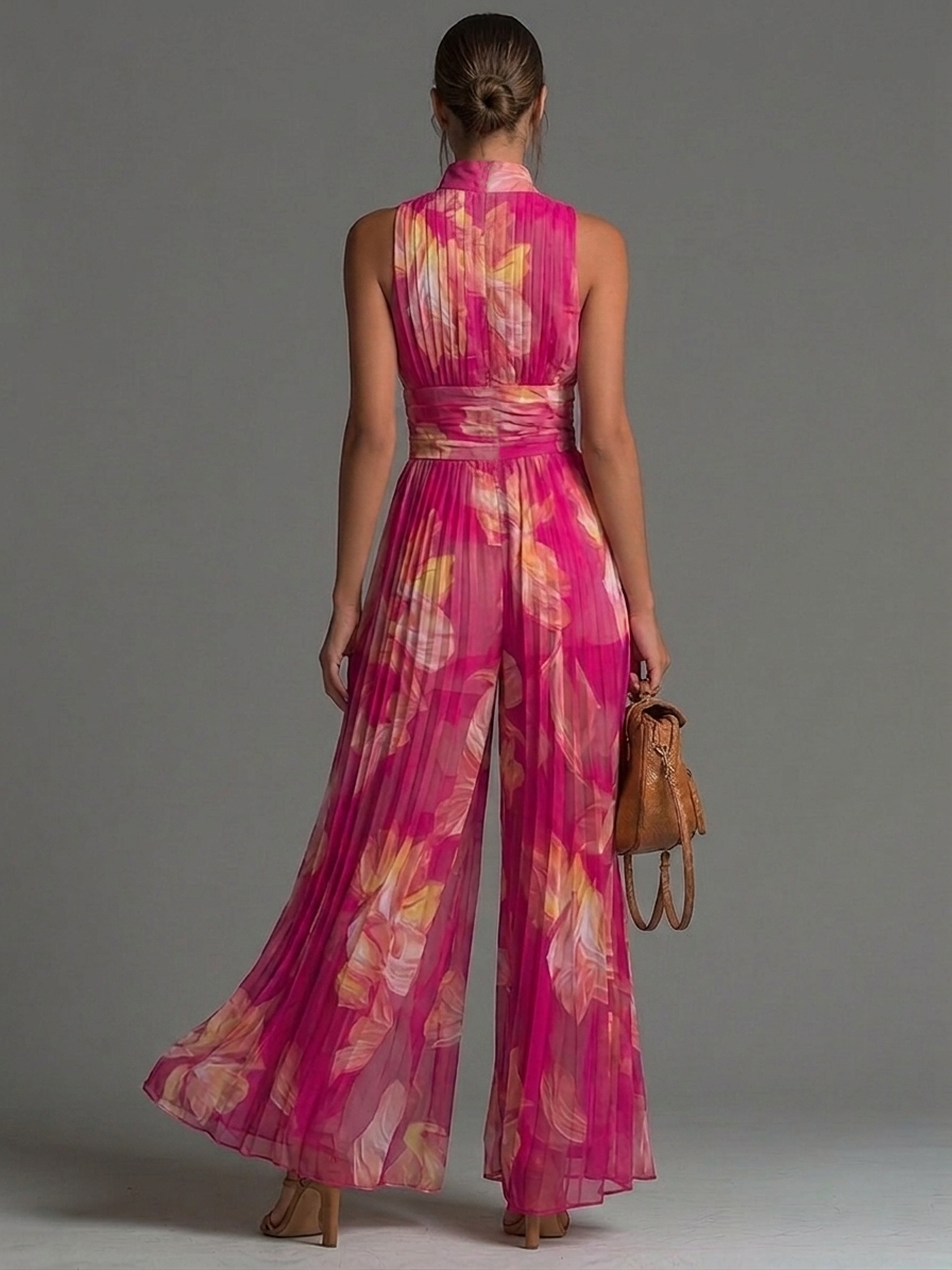Zsofia Jumpsuit – Fuchsia Floral Pleated Chiffon
