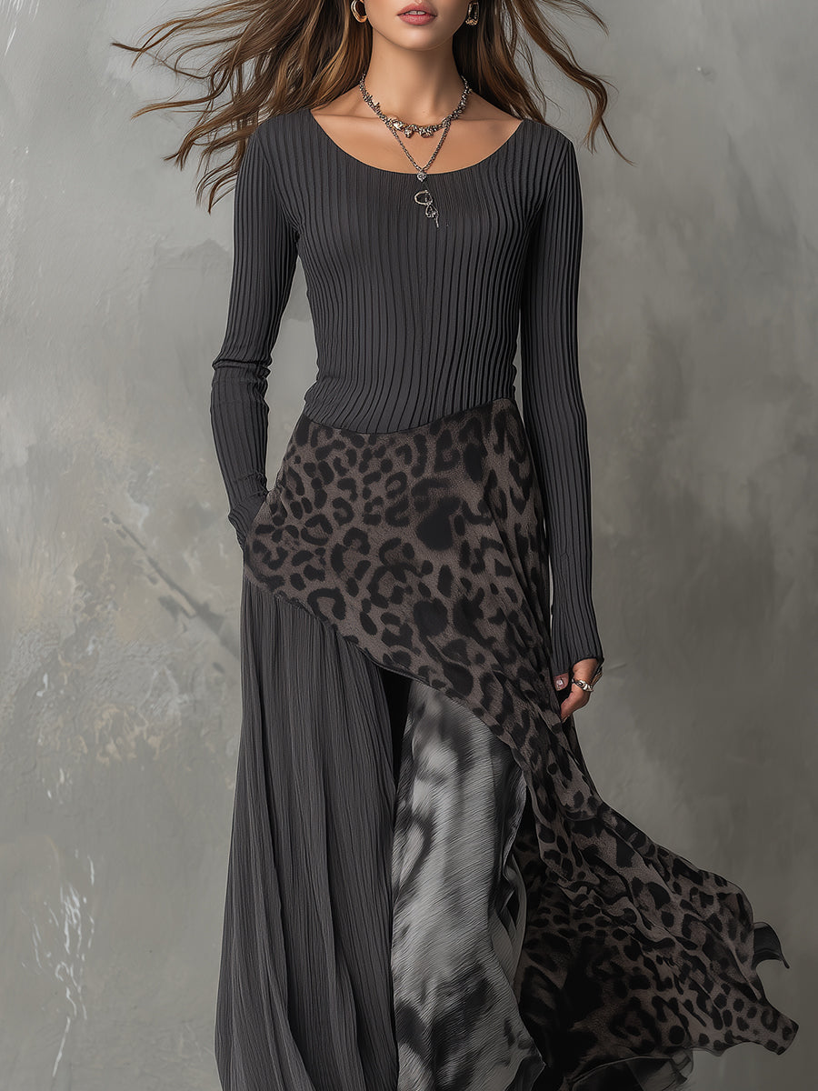 Long Bohemian Leopard Print Wrap Dress