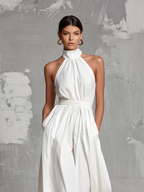 Elegant White Woven Sleeveless Halter-Neck Jumpsuit