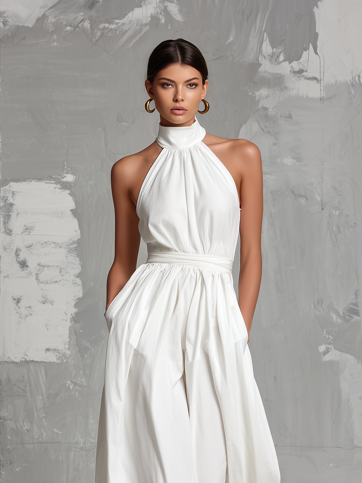 Elegant White Woven Sleeveless Halter-Neck Jumpsuit