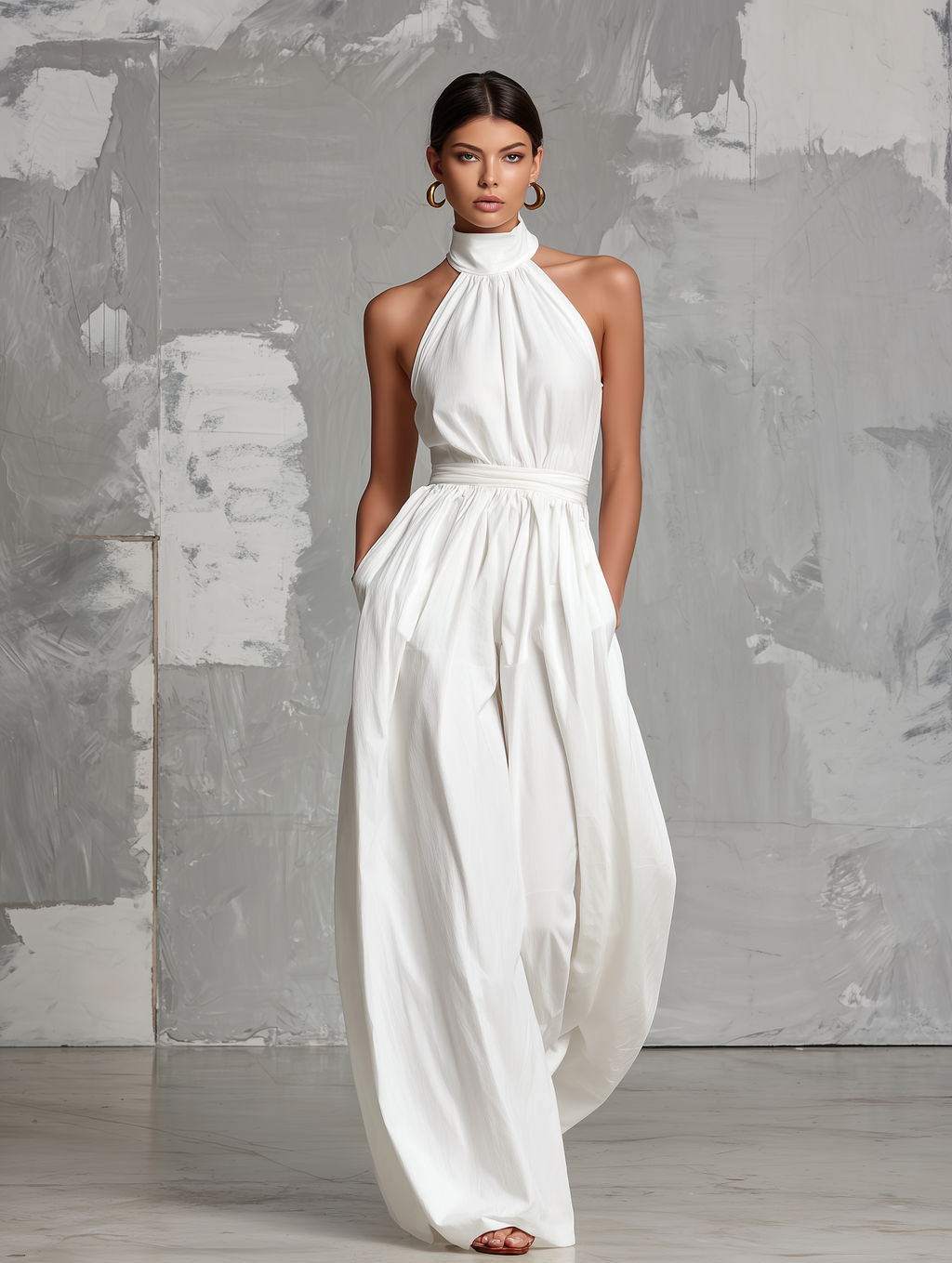 Elegant White Woven Sleeveless Halter-Neck Jumpsuit