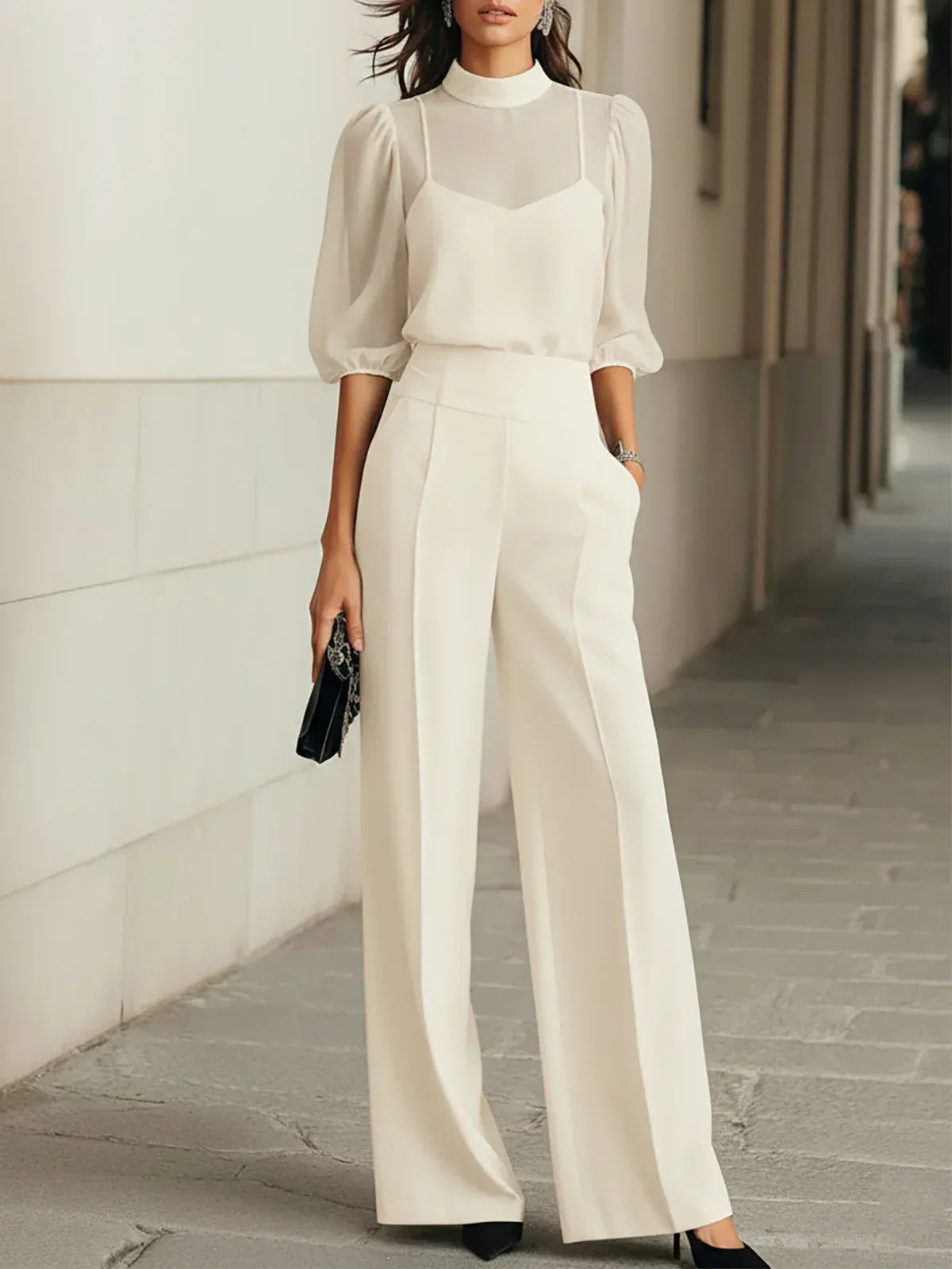 Valentina – Black Three-Piece Set with Sheer Camisole Top and Wide-Leg Trousers