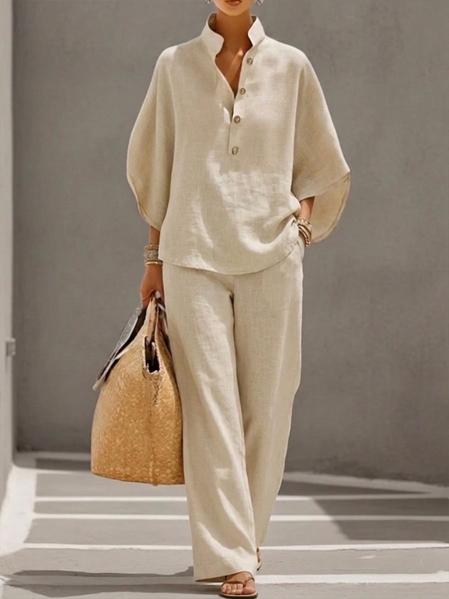 Eszter – Cotton-Linen Set with Batwing Sleeves and Wide-Leg Trousers