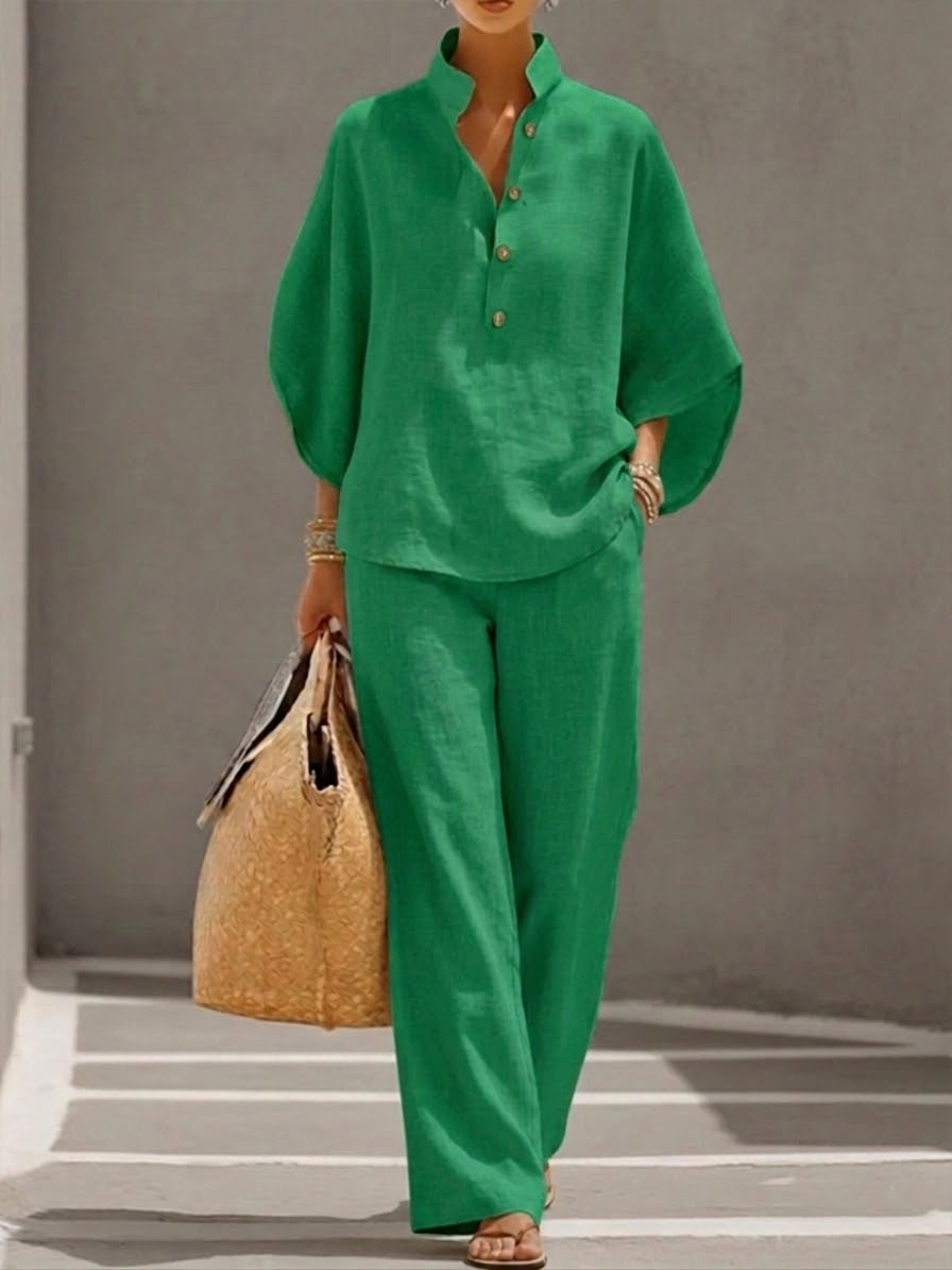 Eszter – Cotton-Linen Set with Batwing Sleeves and Wide-Leg Trousers