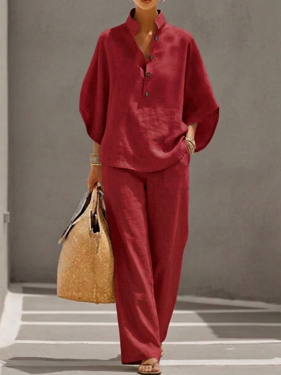 Eszter – Cotton-Linen Set with Batwing Sleeves and Wide-Leg Trousers