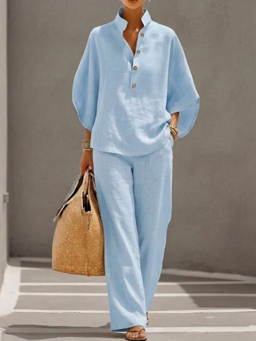 Eszter – Cotton-Linen Set with Batwing Sleeves and Wide-Leg Trousers