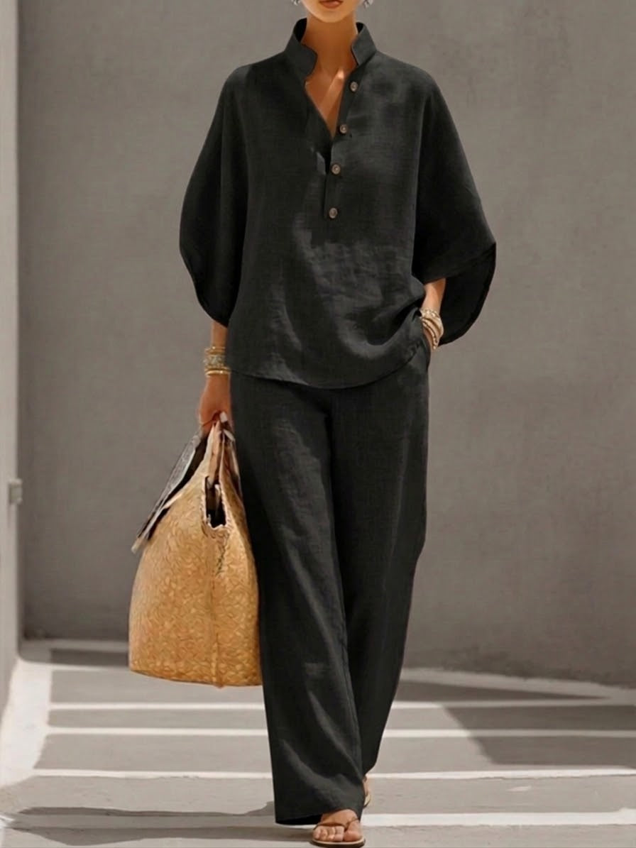 Eszter – Cotton-Linen Set with Batwing Sleeves and Wide-Leg Trousers