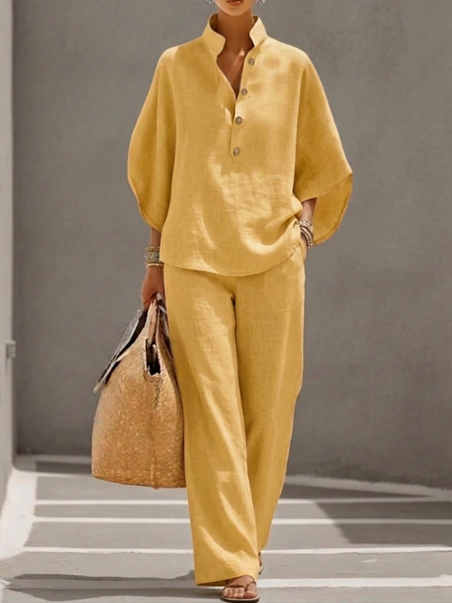Eszter – Cotton-Linen Set with Batwing Sleeves and Wide-Leg Trousers