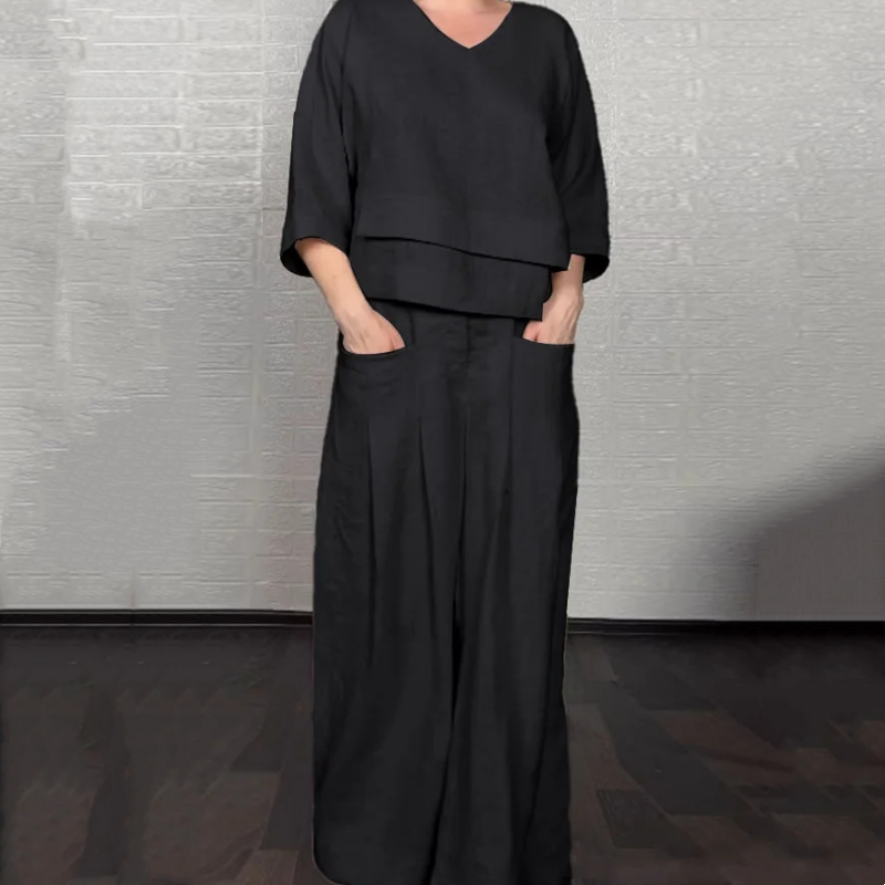 Liza | 2-Piece Cotton-Linen Set – V-Neck Top and Wide-Leg Trousers