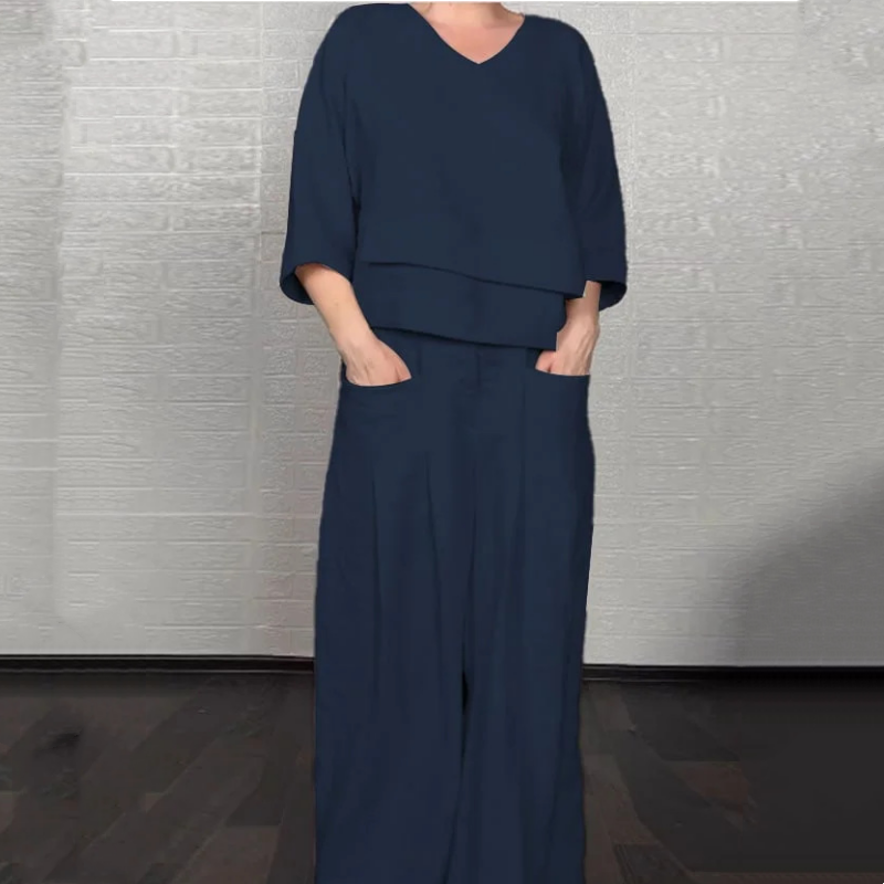 Liza | 2-Piece Cotton-Linen Set – V-Neck Top and Wide-Leg Trousers
