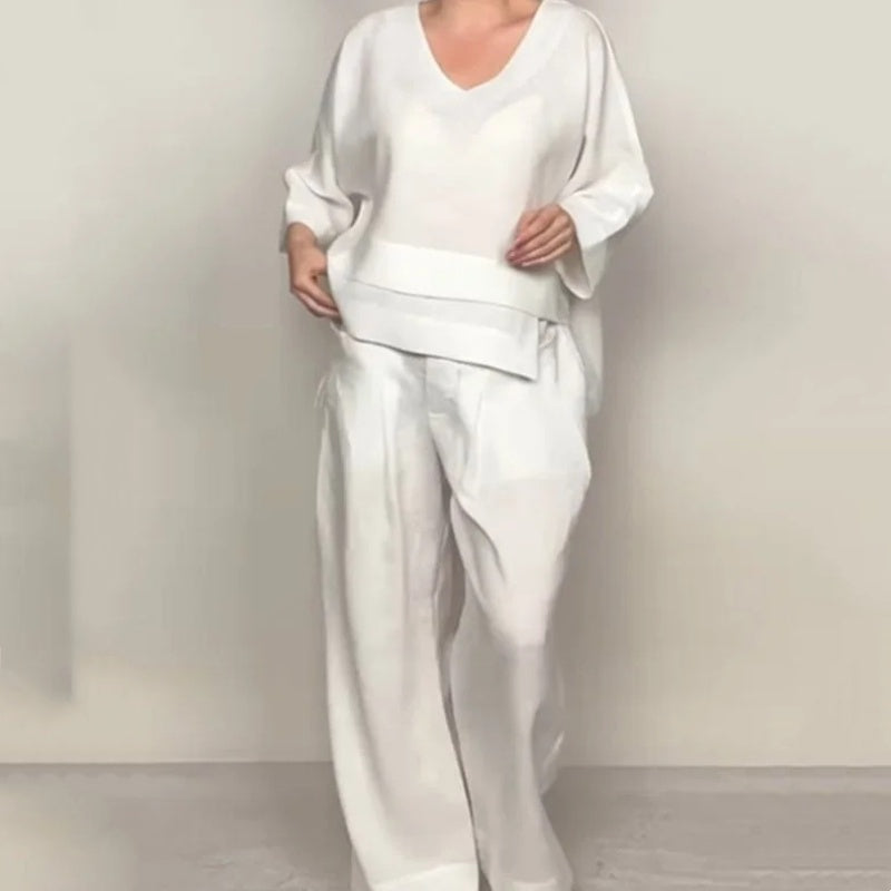 Liza | 2-Piece Cotton-Linen Set – V-Neck Top and Wide-Leg Trousers