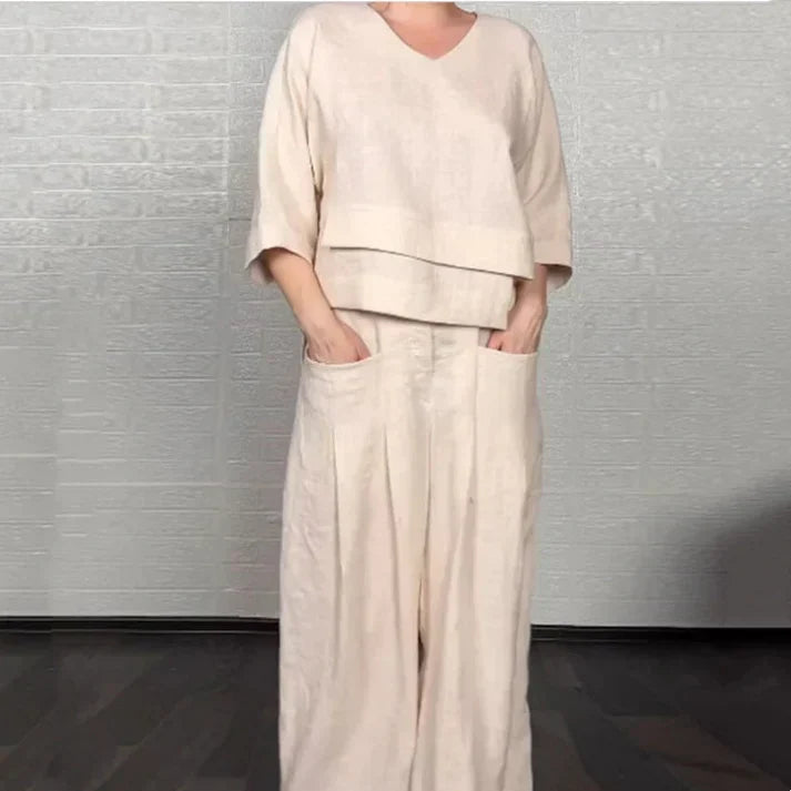 Liza | 2-Piece Cotton-Linen Set – V-Neck Top and Wide-Leg Trousers