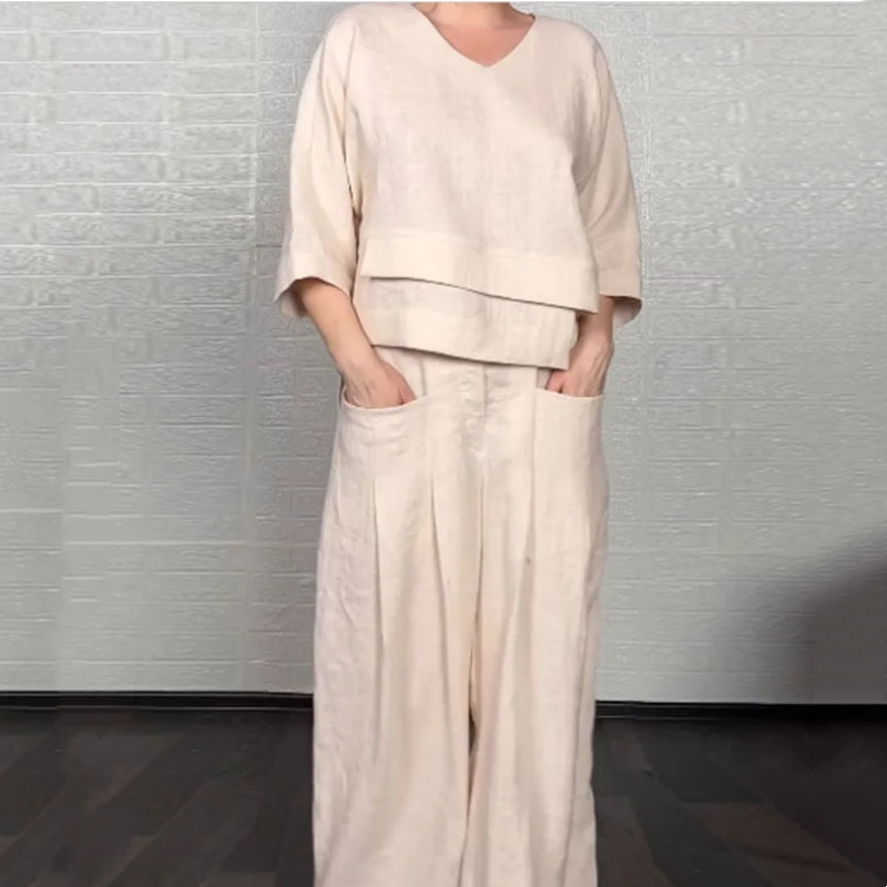 Liza | 2-Piece Cotton-Linen Set – V-Neck Top and Wide-Leg Trousers
