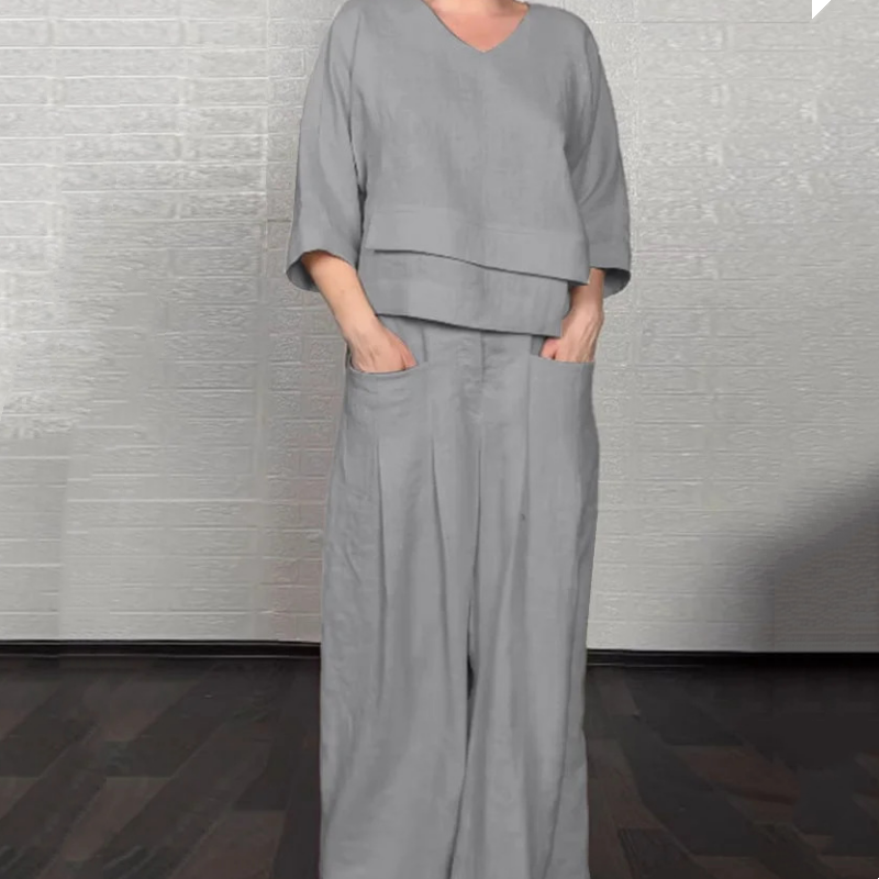 Liza | 2-Piece Cotton-Linen Set – V-Neck Top and Wide-Leg Trousers