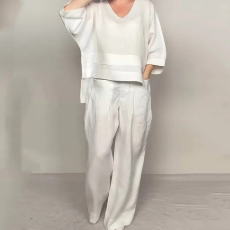 Liza | 2-Piece Cotton-Linen Set – V-Neck Top and Wide-Leg Trousers