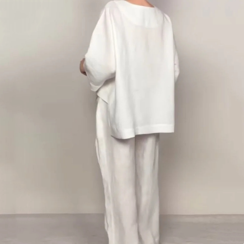 Liza | 2-Piece Cotton-Linen Set – V-Neck Top and Wide-Leg Trousers
