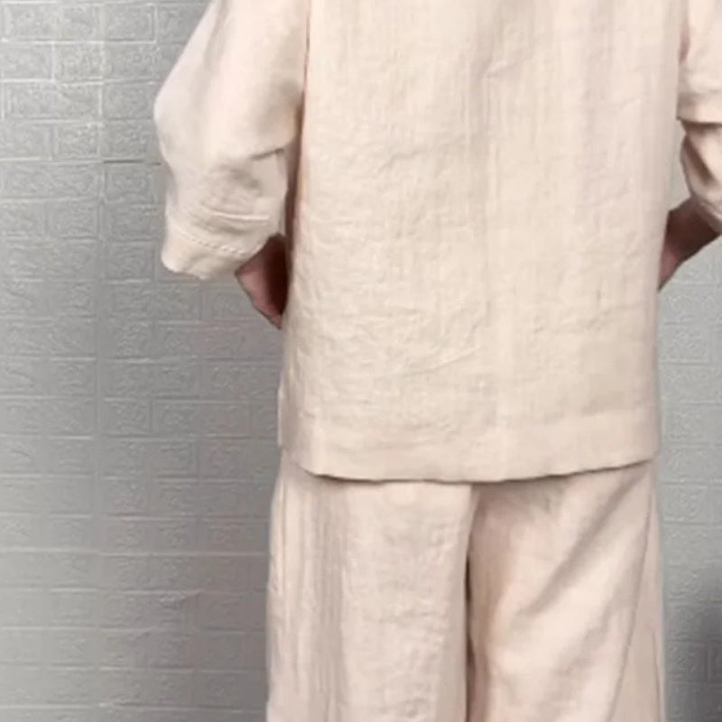 Liza | 2-Piece Cotton-Linen Set – V-Neck Top and Wide-Leg Trousers
